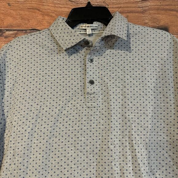 Peter Millar Crown Large Polo Shirt Men's Golf Gray Blue Floral Pattern Outdoor - Picture 2 of 6